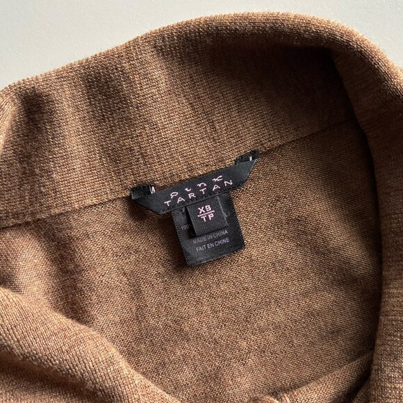Pink Tartan Merino Wool Caramel Cardigan with Gold Buttons & Tie Neck, sz XS - Picture 12 of 13